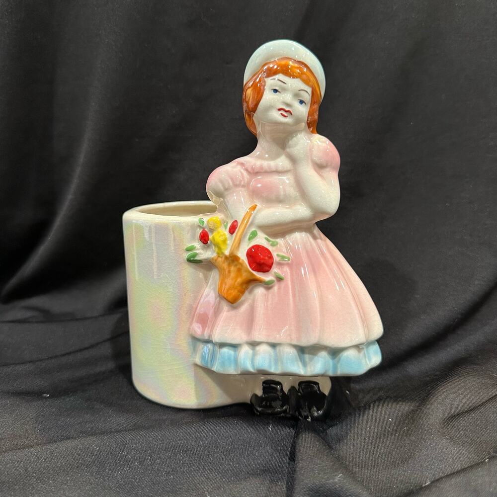 Vintage Girl with Flower Basket Lusterware Planter
